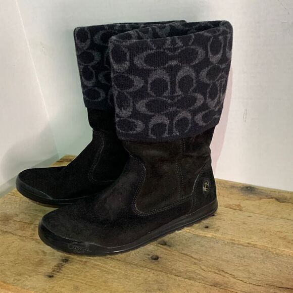 Coach Tatum black leather boots‎ with signature wool top. Pull on booties - Picture 1 of 8